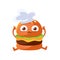 Funny burger with big eyes sitting wearing in a chef hat. Cute cartoon fast food emoji character vector Illustration