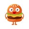 Funny burger with big eyes standing. Cute cartoon fast food emoji character vector Illustration