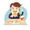 Funny business man eating pizza at cafe table. Flat style