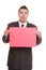 Funny business man holding sign red blank