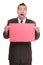 Funny business man holding sign red blank