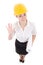 Funny business woman architect in yellow builder helmet showing