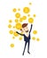 Funny businessman celebrating success with tossing cryptocurrency Bitcoins. Vector illustration
