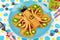 Funny Butterfly face pancakes with berries and fruits for kids`