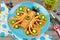 Funny Butterfly face pancakes with berries and fruits for kids`