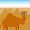 Funny camel stands in the background of the pyramids in Ancient Egypt, desert. Vector