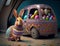 The funny car of the Easter Bunny with colorful easter eggs