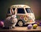 The funny car of the Easter Bunny with flower patterned easter eggs