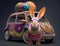 The funny car of the Easter Bunny with patterned easter eggs