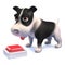 Funny cartoon 3d black and white puppy dog looking at a button switch on the floor