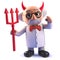 Funny cartoon 3d mad scientist wearing devil horns and holding satans trident