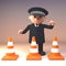 Funny cartoon 3d policeman character in police uniform stands behind a row of roadworks traffic cones, 3d illustration