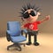 Funny cartoon 3d punk rocker character with spikey hair standing next to an empty chair, 3d illustration