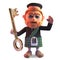 Funny cartoon 3d Scottish man with red beard and tartan kilt holding a gold key, 3d illustration