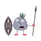 Funny cartoon aboriginal Pon with a spear and shield stands and watches menacingly