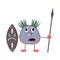 Funny cartoon aborigine Puk stands with a spear and shield and cries