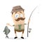 Funny cartoon angler with a big fish and fishing rod