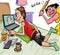 Funny cartoon. Angry wife with flirty husband online