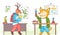 Funny cartoon animal student. A fox schoolboy with test tube in hands and a deer comes to class