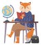 Funny cartoon animal student. Lovely cute fox came to study, sitting at a table in geography class