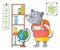 Funny cartoon animal student. A mouse schoolgirl with backpack came to study at a geography lesson