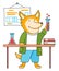 Funny cartoon animal student. A smart fox schoolboy with test tube in hands in chemistry class