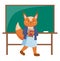 Funny cartoon animal student. A squirrel schoolgirl with stack of books in hands in the class