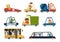 Funny cartoon animals drive cars trucks and bus. Pets driving, kids transport with animal clipart. Rabbit, fox and bear