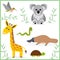 Funny cartoon animals. Vector illustration isolated on white. Hummingbird, giraffe, turtle, snake, platypus, koala