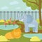 Funny cartoon animals in zoo park. Flamingos in pond, elephant spraying water, lion lying on grass. Trees, bushes and