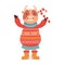 Funny cartoon baby bull with candy cane. Symbol of the new year 2021. Cute ox in a knitted warm sweater, felt boots and a scarf.