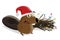 Funny cartoon beaver with christmas decoration around his dam