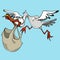 Funny cartoon bird stork carries a bag