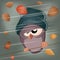 Funny cartoon bird in stormy weather