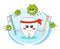 Funny cartoon brave tooth character holding toothbrushes and getting ready to fight with microbes. Design for print, emblem, t-