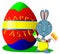 Funny cartoon bunny with a brush and a roller paints an Easter egg, vector