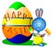 Funny cartoon bunny with a brush and a roller paints an Easter egg, vector