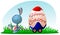 Funny cartoon bunny carrying a big Easter egg, vector