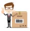 Funny cartoon businessman in glasses with a cardboard box