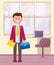 Funny cartoon businessman. Young man student doing internship in the office, first place of work