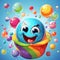 Funny cartoon candy character in a rainbow colored bowl. Colorful candies around and isolated blue background.