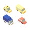 Funny cartoon car icons. Flat 3d isometric high quality city transport. Sedan, Taxi, Bus, Truck.