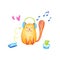 Funny cartoon cat listening to loud music on headphones - happy cute orange animal holding headset. Isolated