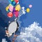 Funny cartoon cat with sausage flies on the balloons