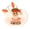 Funny cartoon character coffee cup holding a donut dumbbell. Strong Coffee discount concept