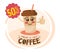 Funny cartoon character coffee cup holding a sign with special offer. Coffee discount concept