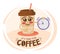 Funny cartoon character coffee cup Pointing Time. Free Coffee discount concept