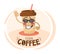 Funny cartoon character coffee cup wearing sunglasses. Coffee discount concept