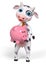 Funny cartoon character cow, holds piggy bank in hands 3d render