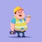Funny Cartoon Character Fat man repairman builder worker with sandwich and toolbox